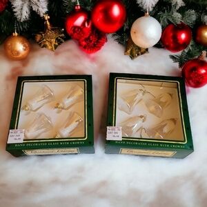 Vintage Christmas Classics Tree Ornaments Hand Decorated with Crowns White 2Pack